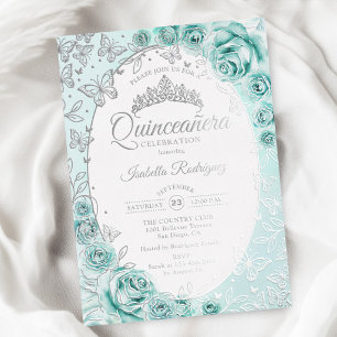Turquoise Zilveren Bloemstuk Quinceanera Folie Uitnodiging