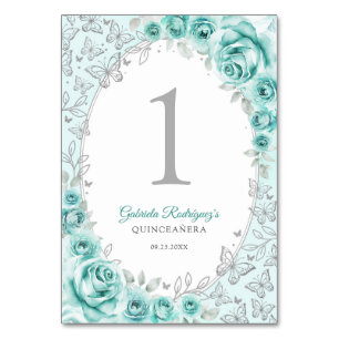 Turquoise Zilveren Bloemstuk Quinceanera Kaart
