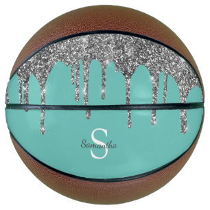 Turquoise Zilveren Glitter Druppels Glans Monogram Basketbal