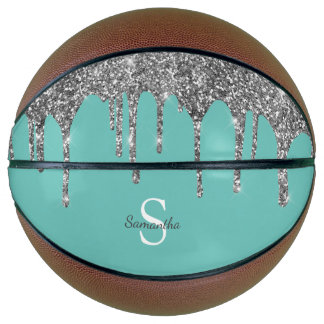 Turquoise Zilveren Glitter Druppels Glans Monogram Basketbal