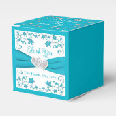 Turquoise, zilveren liefdesharten bruiloft bedankdoosjes (Voorkant Zijde)