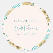 Turquoise Zonnebloem Dambord Bruiloftsborrel  Ronde Sticker (Voorkant)