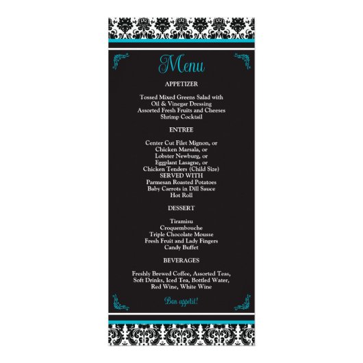 Turquoise, zwart Damask Love Hearts Bruiloft Menu (Achterkant)