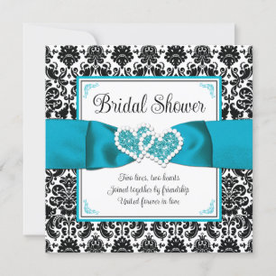 Turquoise, zwart Damask Love Hearts Vrijgezellenfe Kaart