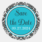 Turquoise, zwart, wit Damask bruiloft Ronde Sticker (Voorkant)
