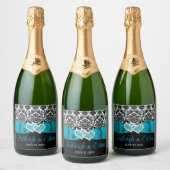 Turquoise, zwart, wit Damask Love Hearts Bruiloft Sparkling Wijnetiket (Flessen)