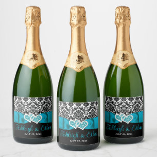 Turquoise, zwart, wit Damask Love Hearts Bruiloft Sparkling Wijnetiket