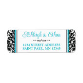Turquoise, zwart wit damast trouwadres etiket (Voorkant)
