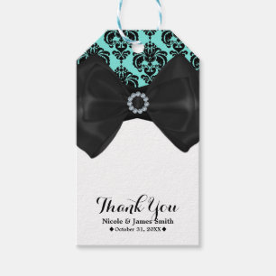Turquoise & Zwarte Damast Bling Boog Glam Zoete 16 Cadeaulabel