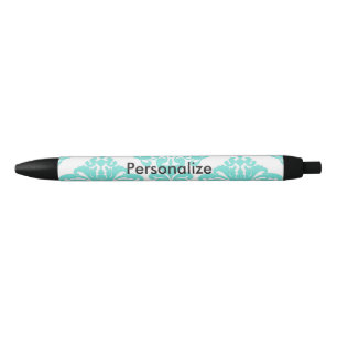 Turquoise & Zwarte Damast Elegante Persoonlijke Ch Blauwe Inkt Pen