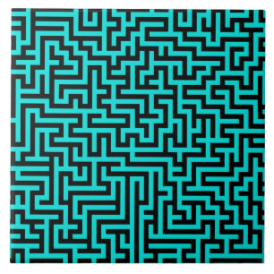 Turquoise zwarte doolhof lijnen tegeltje