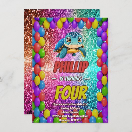 Turtle aangepaste karakter verjaardag uitnodiging (Voorkant / Achterkant)