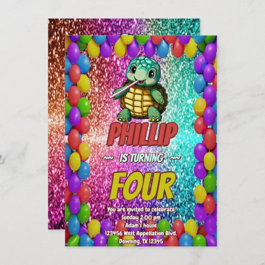 Turtle aangepaste karakter verjaardag uitnodiging (Voorkant / Achterkant)