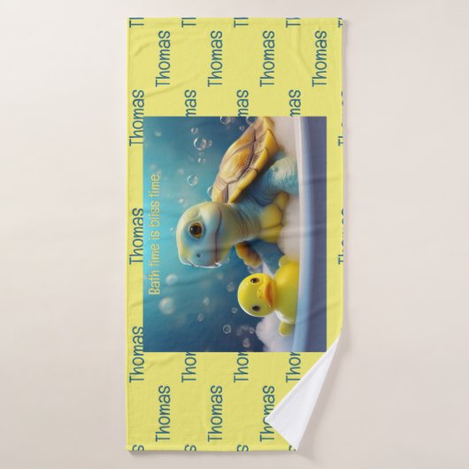 Turtle and Rubber Duck in the Bath Custom Text (Serviette de bain)