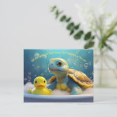 Turtle and Rubber Duck in the Bath Custom Text Briefkaart (Staand voorkant)