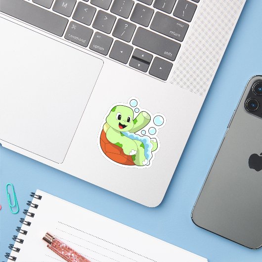 Turtle at Bathing with Foam Sticker (Laptop met iPhone)