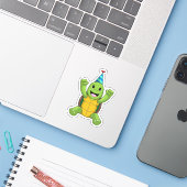 Turtle at Birthday with Party hat Sticker (Laptop met iPhone)