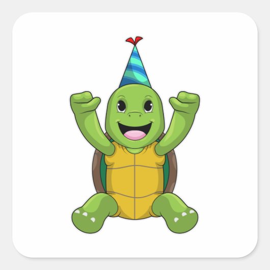 Turtle at Birthday with Party hat Vierkante Sticker (Voorkant)