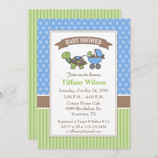 Turtle Baby shower Invitation blauw Kaart (Voorkant / Achterkant)