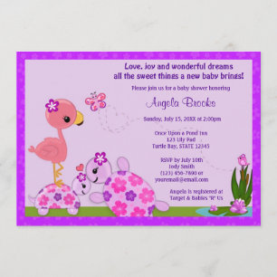 TURTLE Baby shower Invitation Pond Flamingo PAARS Kaart