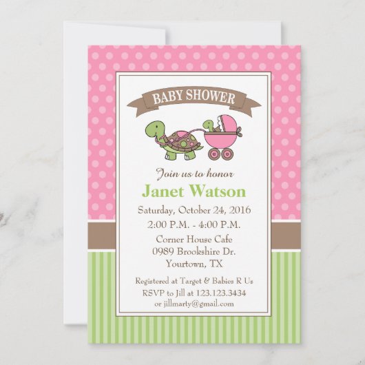 Turtle Baby shower Invitation roze Kaart (Voorkant)