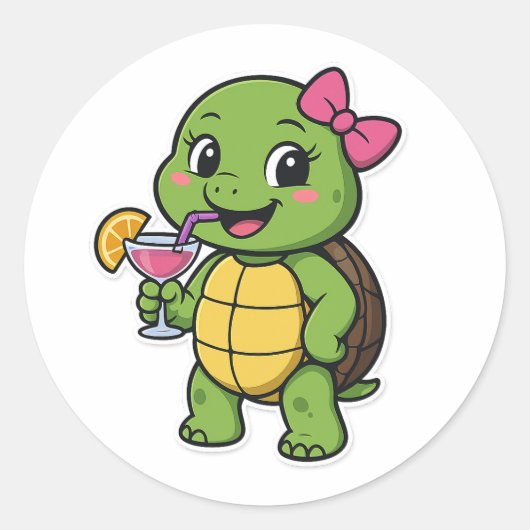 Turtle drinking cocktail ronde sticker (Voorkant)