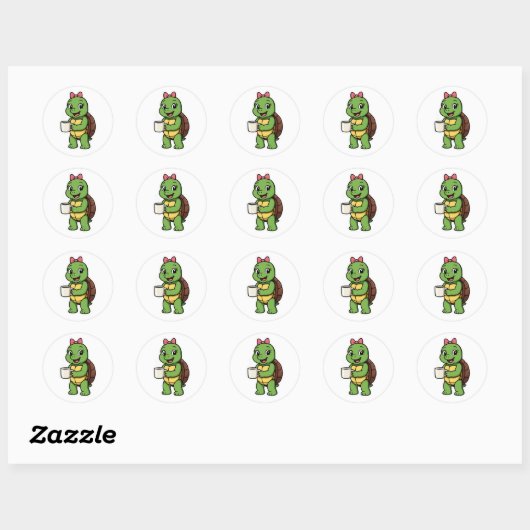 Turtle drinking coffee ronde sticker (Vel)