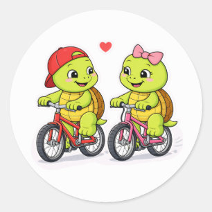 Turtle duo op kleurrijke fietsen ronde sticker