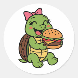 Turtle eating a burger ronde sticker
