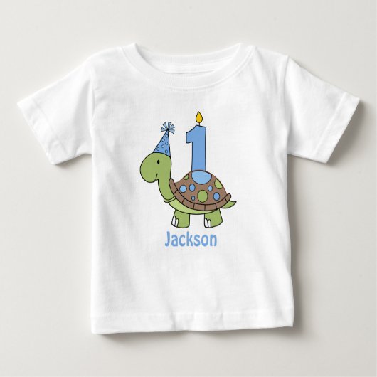 Turtle First Birthday Tshirt blue, gepersonaliseer (Voorkant)