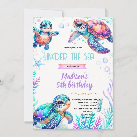 Turtle girl party theme invitation (Devant)