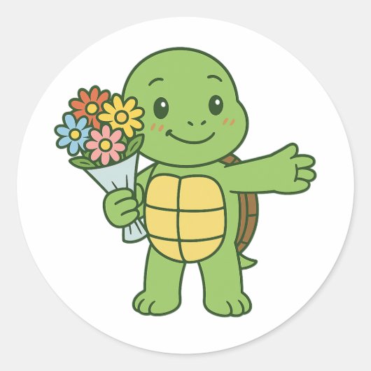 Turtle holding a bouquet of flower ronde sticker (Voorkant)
