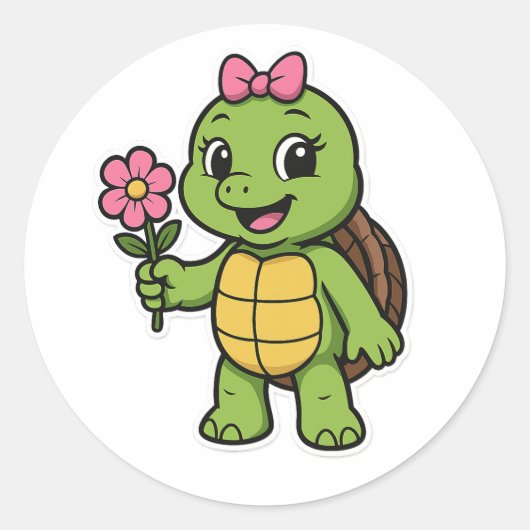 Turtle holding a flower ronde sticker (Voorkant)