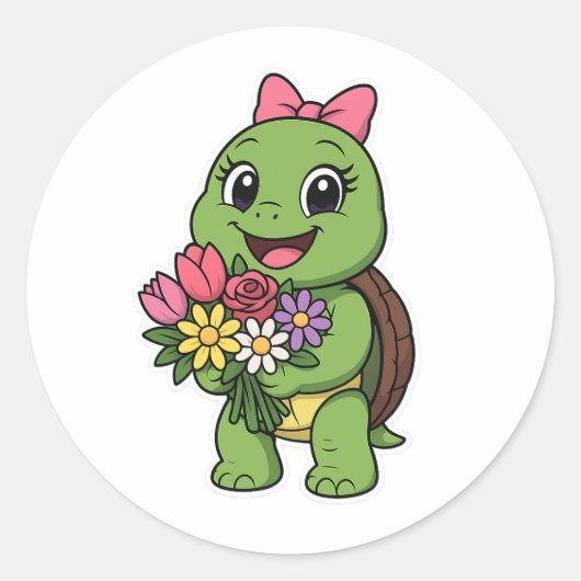 Turtle holding a flowers ronde sticker (Voorkant)