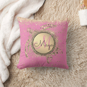 Turtle Monogram Sterren op Roze Gepersonaliseerd Kussen