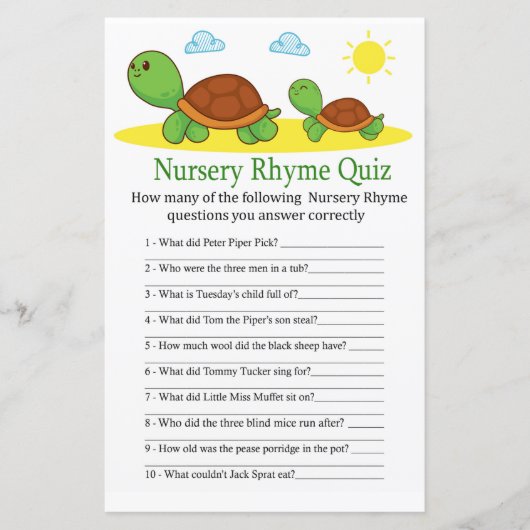 Turtle Nursery Rhyme Quiz baby shower game (Voorkant)