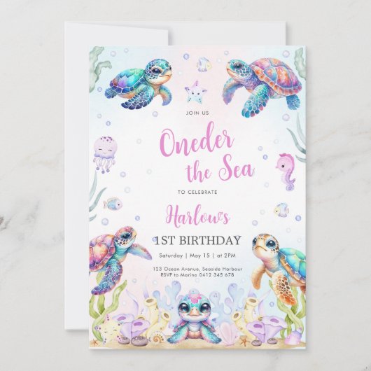 Turtle Oneder The Sea 1st Birthday Invitation (Devant)