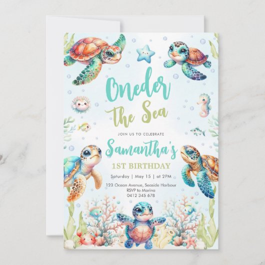 Turtle Oneder The Sea 1st Birthday Invitation (Devant)