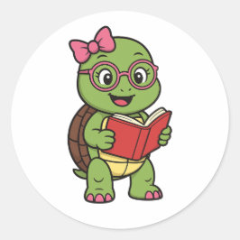 Turtle reading a book ronde sticker