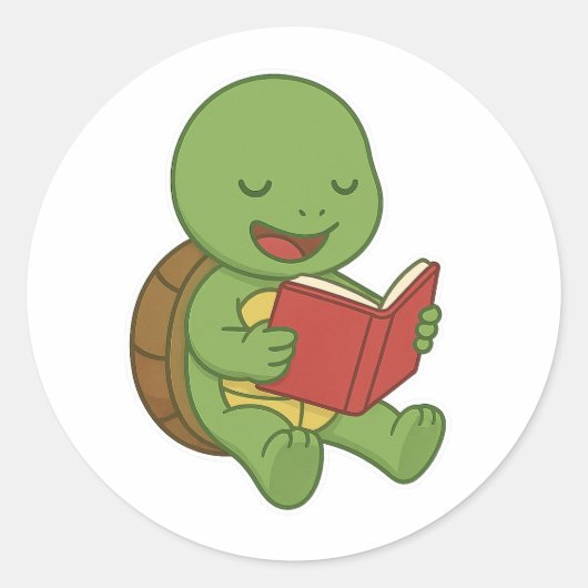 Turtle reading book ronde sticker (Voorkant)