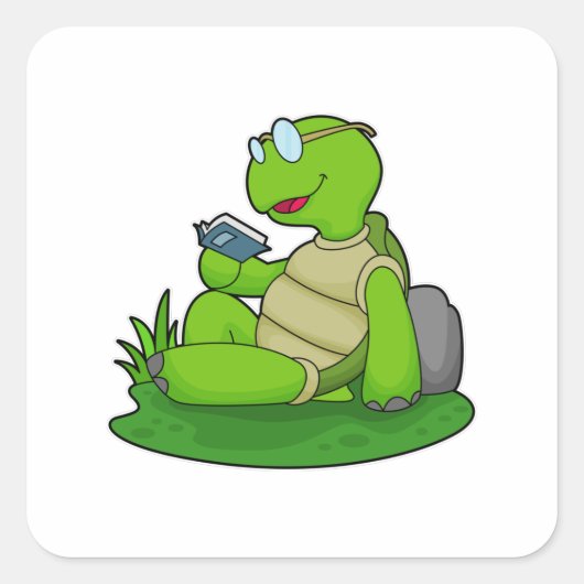 Turtle Reading Book Vierkante Sticker (Voorkant)