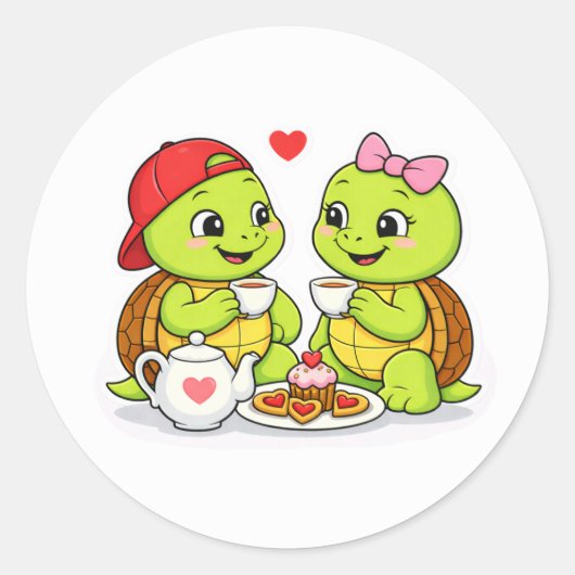 Turtle tea time with love ronde sticker (Voorkant)