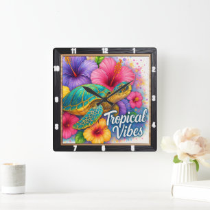Turtle Tropical Vibes Art Vierkante Klok