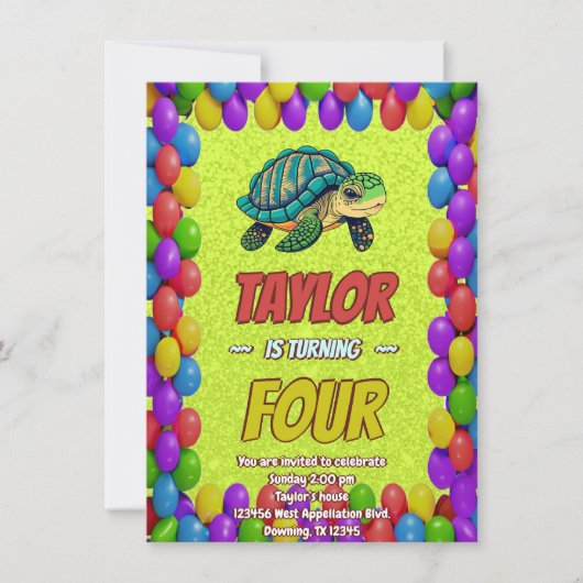 Turtle Unique Personnalisé Anniversaire Invitation (Devant)