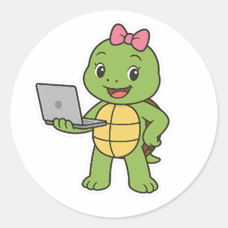Turtle working on a laptop ronde sticker