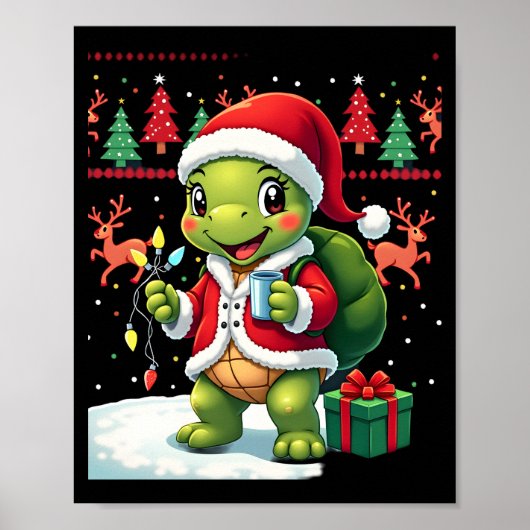 Turtle Xmas Lights Ugly Santa Turtle Christmas Tan Poster (Voorkant)