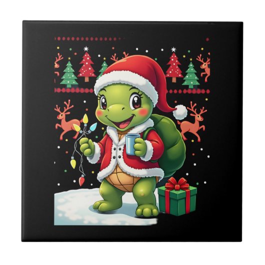 Turtle Xmas Lights Ugly Santa Turtle Christmas Tan Tegeltje (Voorkant)