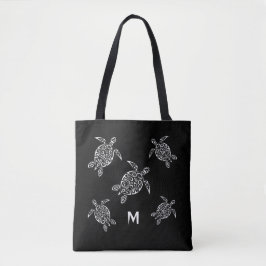 Turtles Black White Coastal Maritime Monogram Tote Bag