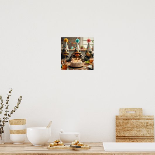 Turtles celebrating birthday with cake and hats poster (Keuken)
