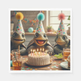 Turtles celebrating birthday with cake and hats  servet